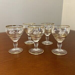 Small Wine Liquor Glasses With White Grapes Gold Trim